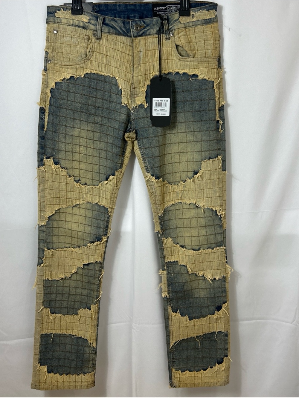M.Society Men's Distressed Patchwork Stacked Jeans Denim Blue Cream Grid 36X32